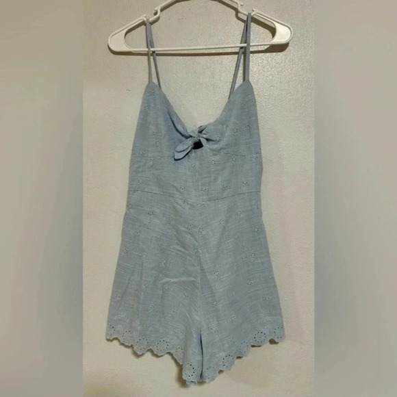 Zara Baby Blue Embroidered‎ Shorts Romper w/ Spaghetti Straps & Side Zip NWT M - Picture 6 of 9